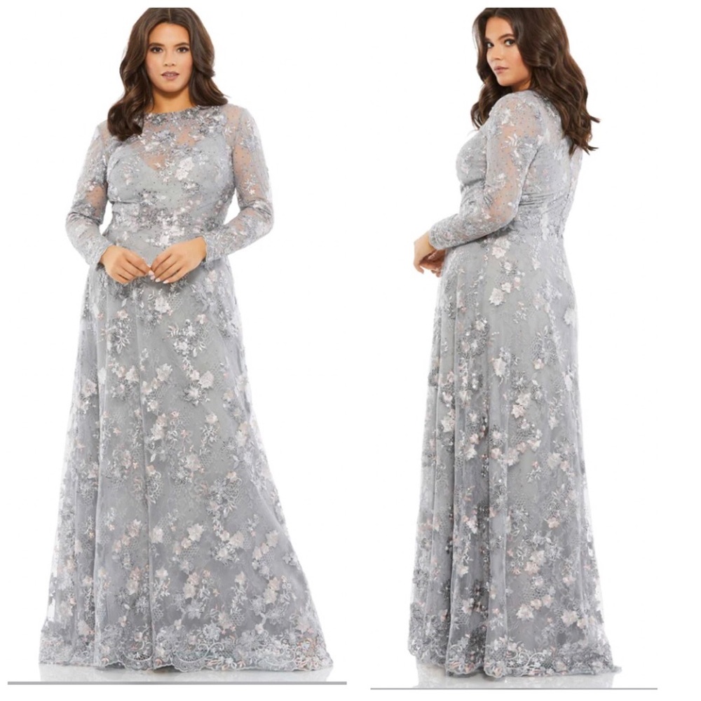 NWT Mac Duggal Embellished Illusion Long Sleeve Gown Platinum 22W